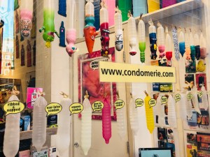 condoms in window of condomerie amsterdam -weird things to do